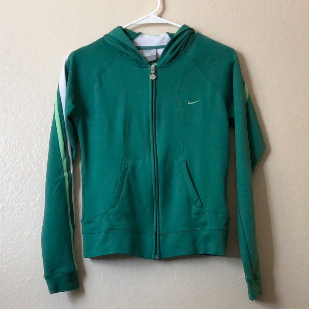 Green Nike hoodie.